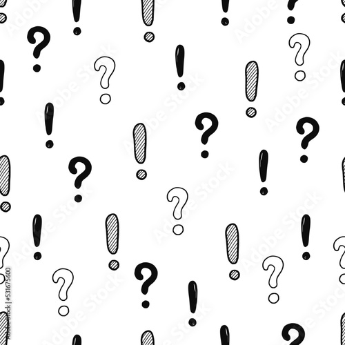 Hand drawn exclamation, question mark seamless pattern. Scribble doodle exclamation point sign background. Hand drawn sketch danger pattern. Vector illustration.