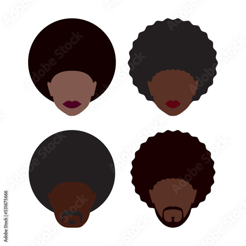 Set of icons people with afro hairstyles. Avatars of men and women with Afro hairstyles. Vector illustration isolated on a white background for design and web.