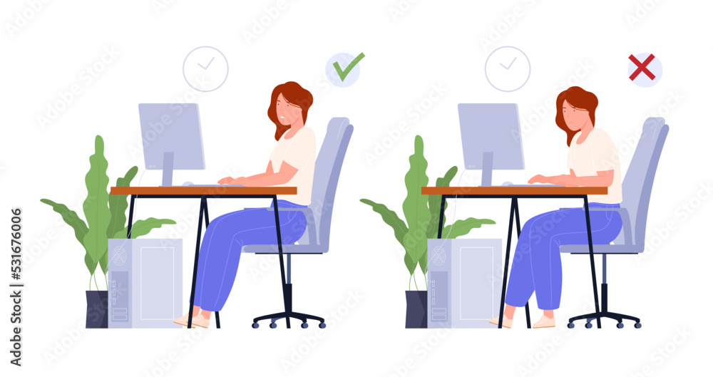 The correct way to sit at a desk while using a computer. Correct posture for a healthy back. Vector illustration