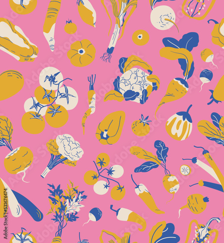 Vegetables seamless pattern on pink background. Flat colorful background for farmers market  vegan menu. Cute veggies in fresh summer autumn print design for kitchen textile