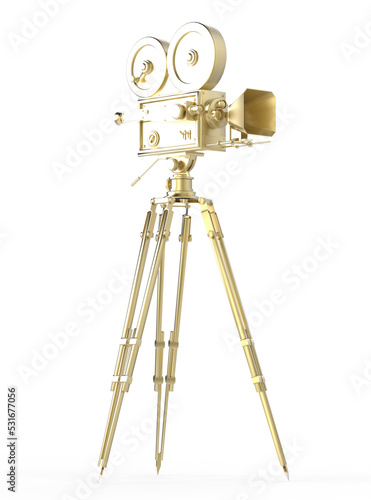 vintage golden retro movie camera on tripod mount isolated on white high quality 3d rendering isolated on transparent background