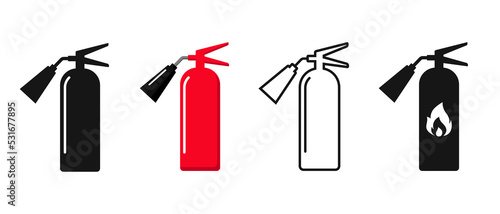 Red fire extinguisher vector set. Cylindrical vessel for fire extinguishing, fire safety icon