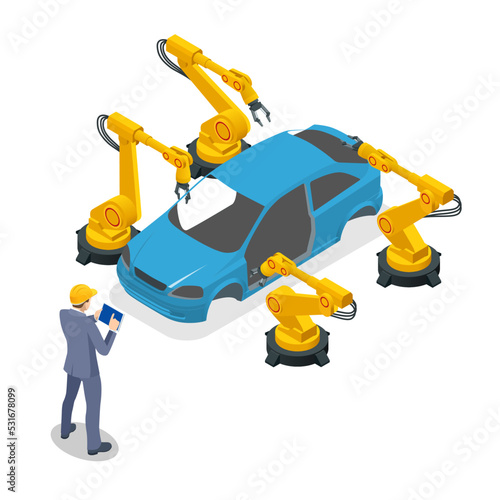 Isometric Car manufacturer, robot assembly line in car factory. Car production plant process