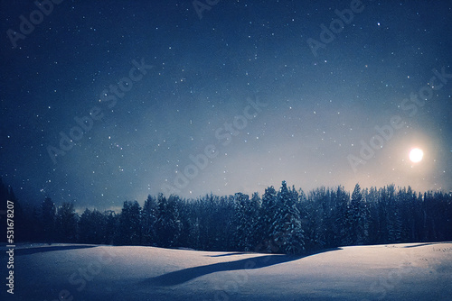Fantastic Epic Magical Winter Forest Landscape and moon. Beautiful mystic snowy nature. Game asset. Celtic Medieval. RPG background. Snow and trees. Sky with clouds. Book cover and poster, postcard © Abstract51