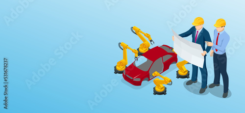 Isometric Car manufacturer, robot assembly line in car factory. Car production plant process