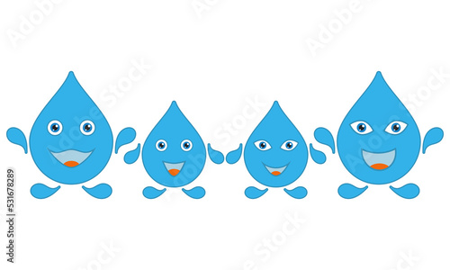 Cheerful happy family with children from blue water droplets. Cute smiling drops of water with faces. Mom and dad, son and daughter. Set of vector illustrations.