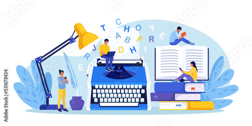 Literature. Author writing chapter of novel, poetry book. Bestseller publishing. People standing near typewriter with paper and words, reading book. Screenwriter, poet or journalist working on article
