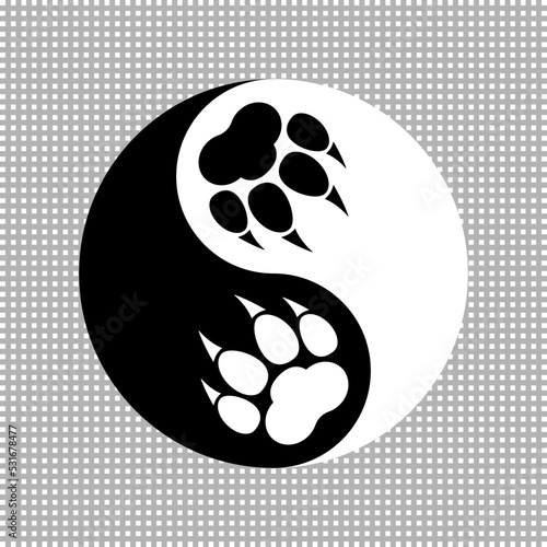 Two black and white paw prints with claws and yin yang symbol. Vector logo. 