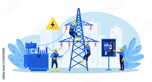 Electricity energy maintenance.Team of electricians control power energy lines. Technician repair service of powerline.Telephone or electricity line poles with power supply repairmen. Lighting testing