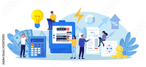 People paying utilities. Invoice and electricity meter. Man worried, stressed over bill. Utility bills payment. Electricity consumption expenses. Technician repair, meter installation, energy saving