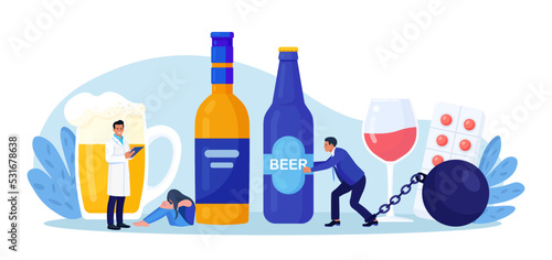 Addiction treatment, recovery and rehabilitation. Life-threatening condition. People in depression addicted to drugs, alcohol. Drink man chained to alcohol bottle. Strong hangover. Alcoholism therapy