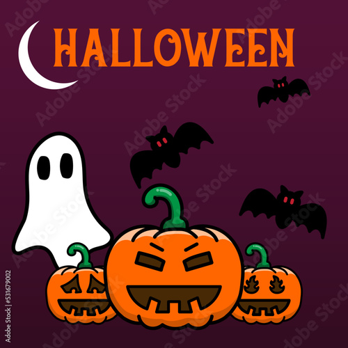 Halloween poster with 3 pumpkins  bats and a ghost