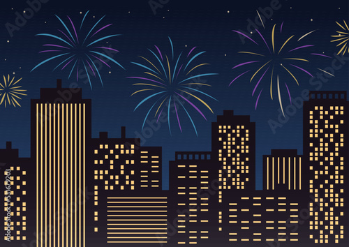 Fireworks in the city. Buildings with luminous windows against the sky with fireworks. Vector flat illustration.