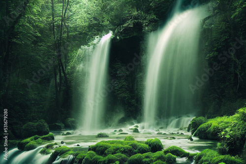Beautiful waterfall. Fantastic Epic Magical Landscape. Summer nature. Mystic Valley. Gaming assets. Celtic Medieval Forest. Rocks and grass. River and stream