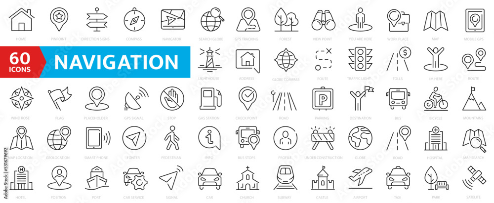 Navigation and location icons set. Map pointer, location, map, GPS, route, compass simple line icon symbol. Outline icons collection. - obrazy, fototapety, plakaty 