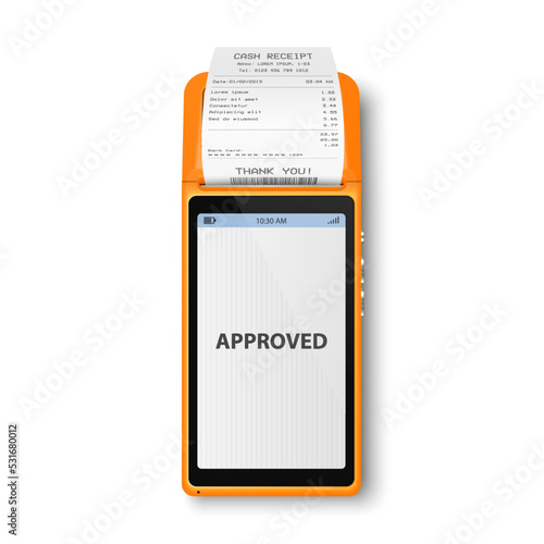Vector 3d NFC Payment Machine with Approved Status, Paper Check, Receipt Isolated. Wi-fi, Wireless Payment. POS Terminal, Machine Design Template of Bank Payment Contactless Terminal, Mockup. Top VIew