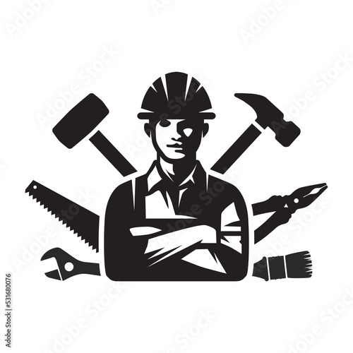 The worker icon. Jack of all trades. A black silhouette of a man in a construction helmet surrounded by construction tools. Vector illustration isolated on a white background for design and web.