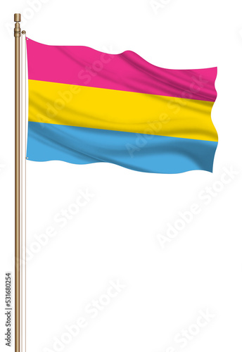 3d illustration Pansexual flag on a pillar blown away isolated on a white background. Freedom and love concept. Activism, community and freedom Concept.