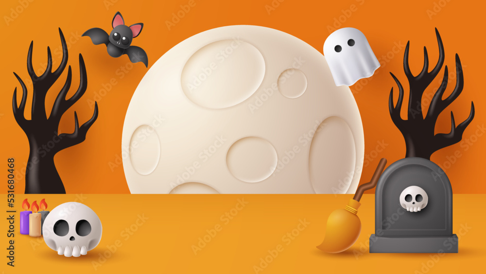 Fototapeta premium Halloween display podium decoration background with scary ornament. Vector 3D Illustration