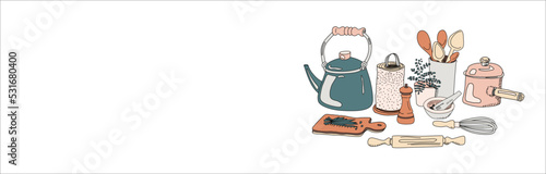 Kitchen home decor concept. Vector background. Doodle hand drawn culinary illustration. Free space for text.