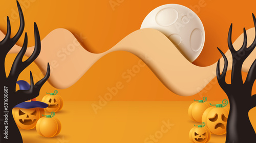 Halloween display podium decoration background with scary ornament. Vector 3D Illustration