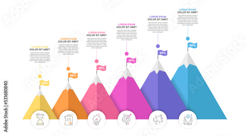 Vector timeline infographic template. Modern mountains graph with six steps, circles, achievement, mission business options. Geometric concept for web, app, project, banner, presentations, report