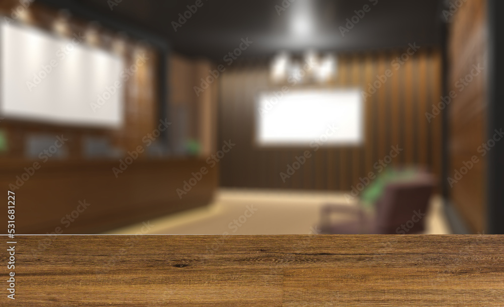 Modern meeting room. 3D rendering.. Mockup.   Empty paintings. Background with empty wooden table. Flooring.