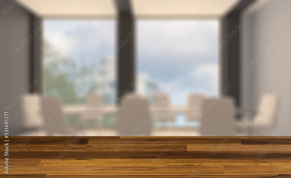 Modern office Cabinet. 3D rendering. Meeting room. Background with empty wooden table. Flooring. Modern office Cabinet. 3D rendering. Meeting room. Background with empty wooden table. Flooring.