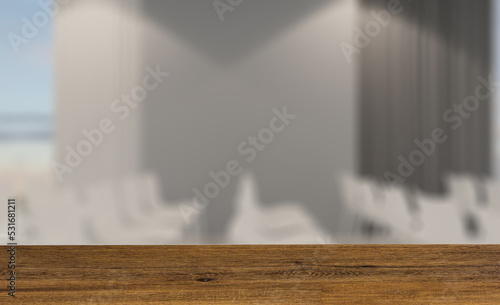 Open space office interior with like conference room. Mockup. 3D. Background with empty wooden table. Flooring. © COK House