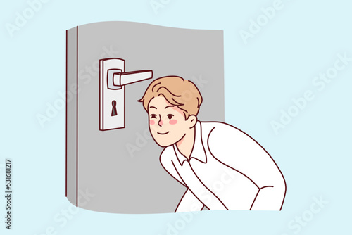 Suspicious young man look in door lock. Smiling guy peep in door hole spy after neighbors at home. Vector illustration. 