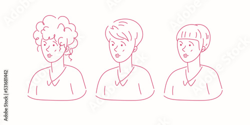 The heads of girls with different hairstyles and long hair. The image of the head of cute women in a turn.