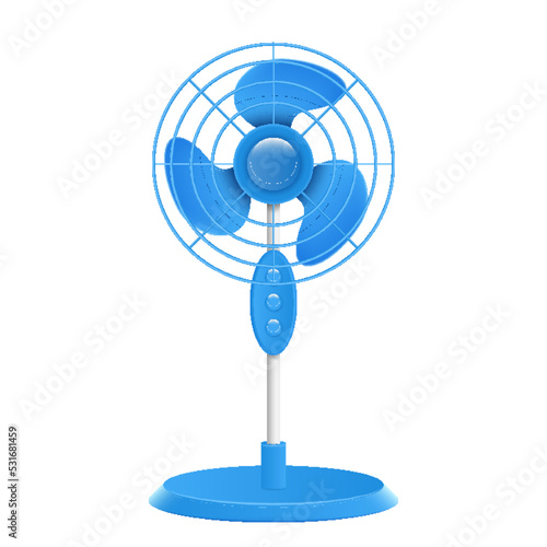 Stand fan, floor ventilator. Air cooling device blue fan. Wind blower, household appliance