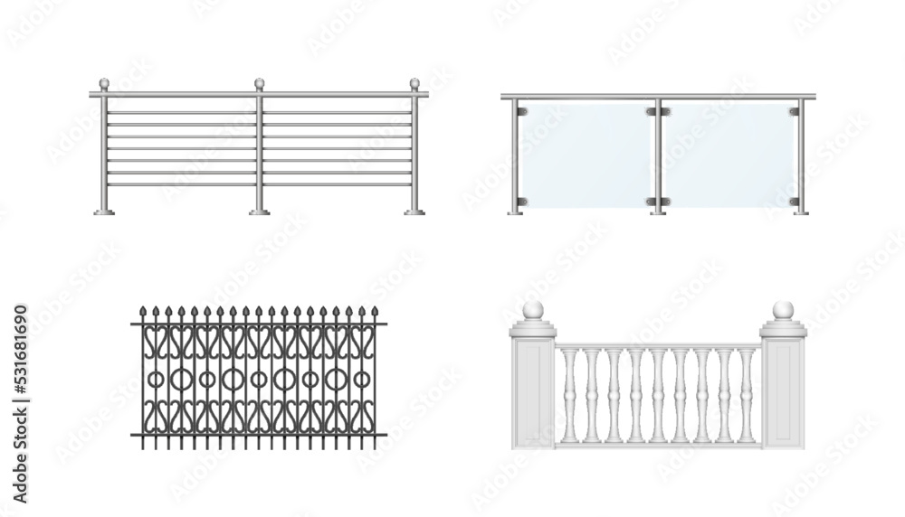 Set of realistic fences stone, metal forged, with metallic tube handrails and glass sheets for house