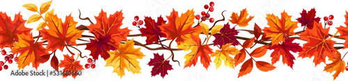 Seamless border with red, orange, brown, and yellow autumn maple leaves and rowanberries. Vector illustration