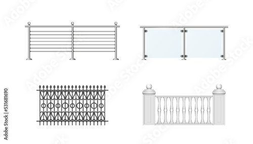 Tela Set of realistic fences stone, metal forged, with metallic tube handrails and gl