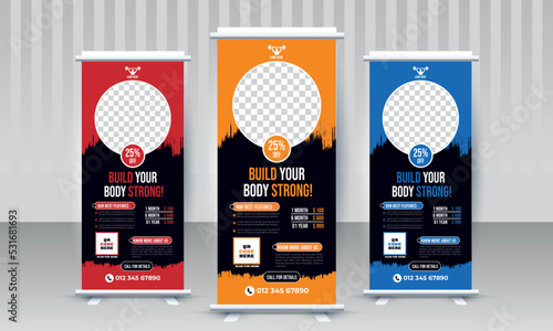 Build your body strong Fitness gym business x stand signage roll up banner design with three color variants red orange blue modern vector template