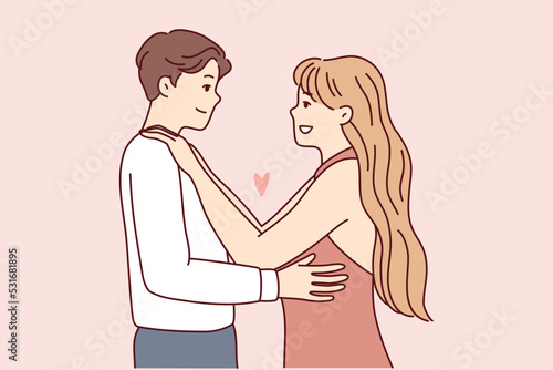 Happy couple in love hugging enjoy romantic date together. Smiling man and woman embracing showing affection and care. Relationship concept. Vector illustration. 