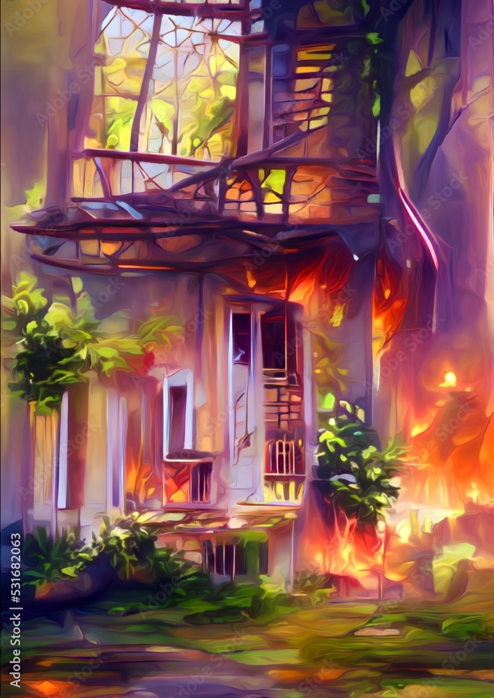 art color of fire burining home background