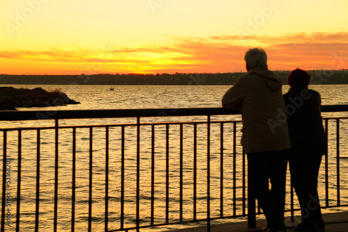 elderly couple at sunset. old age. beautiful view of the river.