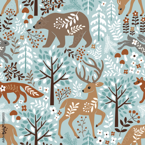 Seamless vector pattern with cute woodland animals, trees and leaves. Scandinavian woodland illustration. Perfect for textile, wallpaper or print design.