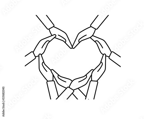 Inclusion, equality and diversity icon. Hands form a heart. Line illustration