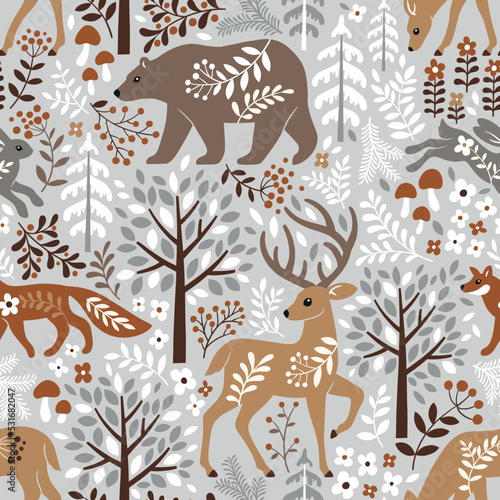 Seamless vector pattern with cute woodland animals, trees and leaves. Scandinavian woodland illustration. Perfect for textile, wallpaper or print design.