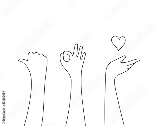 Gesture hands set on doodle style. Human hands sketch, scribble arms on white background, thumb up gesture silhouette, vector illustration