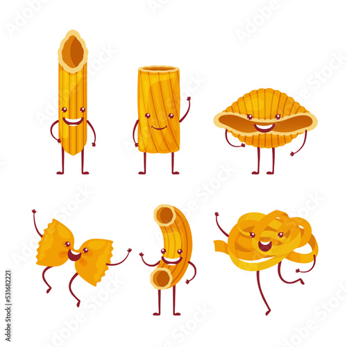 Pasta cartoon characters set isolated on white background. Funny noodles with cute kawaii faces, vector collection