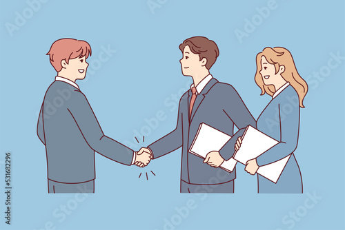 Smiling businesspeople shake hands get acquainted at meeting. Happy business partners handshake close deal or make agreement. Vector illustration. 