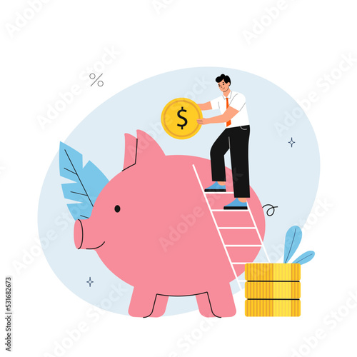 Man climbing ladder and putting coins in piggy bank. Online investment concept. Vector flat style cartoon illustration