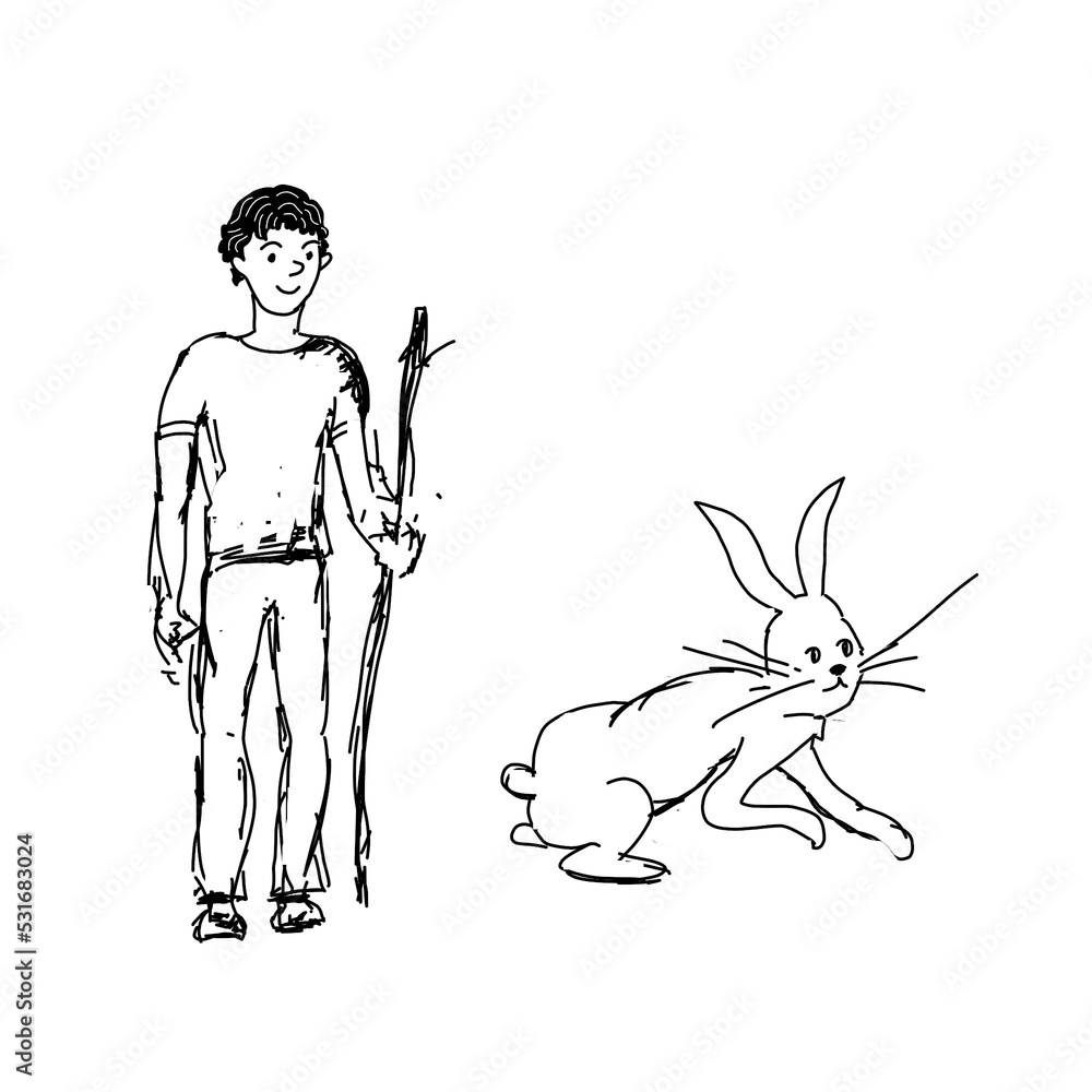 Fototapeta premium Boy and Bunny. Sketch in black pencil on a white background. Children's illustration.