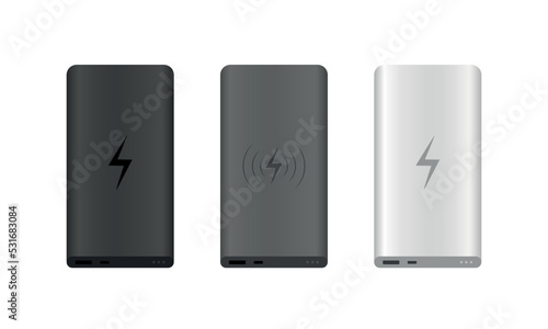 Black, grey and white powerbanks on white background. Set of realistic power bank. Vector illustration