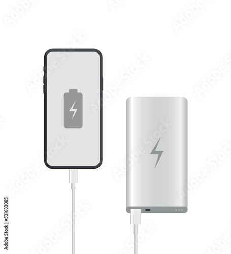 Realistic white powerbanks with phone on white background. Vector illustration