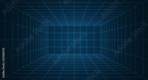 Futuristic 3D wireframe room. Perspective grid. Futuristic digital hallway space in virtual reality photo
